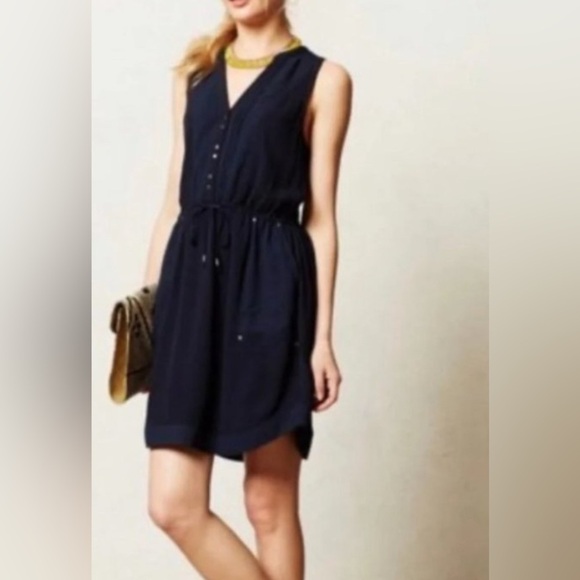 Anthropologie Maeve Pelona Drawstring Sleeveless Dress Navy Blue Size Large - Picture 1 of 9